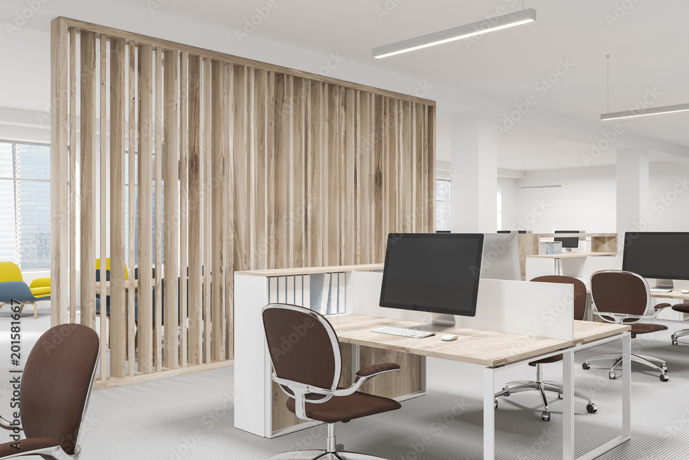 White and wooden open space office side view White and wooden open space office side view