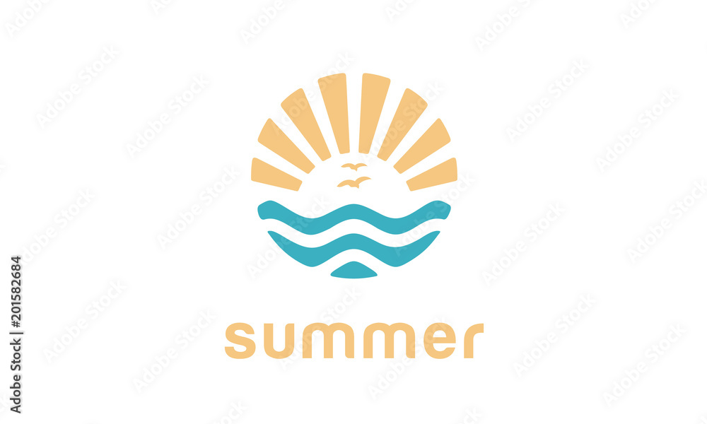Bird Sunset Sun Rays with Sea Wave for Summer Vacation Beach Island logo design