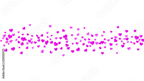Heart confetti background with pink glitter. Valentines day. Vector frame. Hand drawn texture. Love theme for party invite, retail offer and ad. Wedding and bridal template with heart confetti.