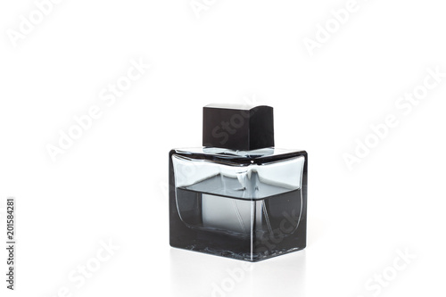 Perfume bottle, black transparent glass, fragrance spray isolated on white background