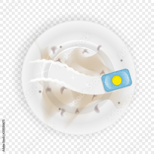 dirty dish and tablets for the dishwasher. A realistic illustration for advertising. Washing dishes in the dishwasher. Cleaning dishes.