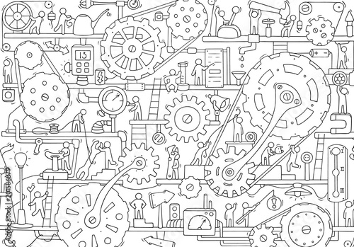 Sketch of people teamwork, gears, production.
