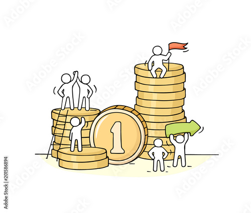 Sketch of working little people with stack of coins.