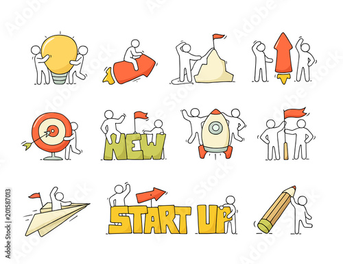 Cartoon set of sketch little people with creative symbols.