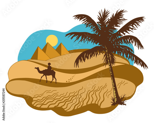 sunrise desert landscape with pyramids, a bedouin and a palm tree