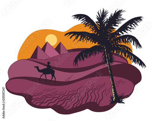 sunset desert landscape with pyramids, a bedouin and a palm tree