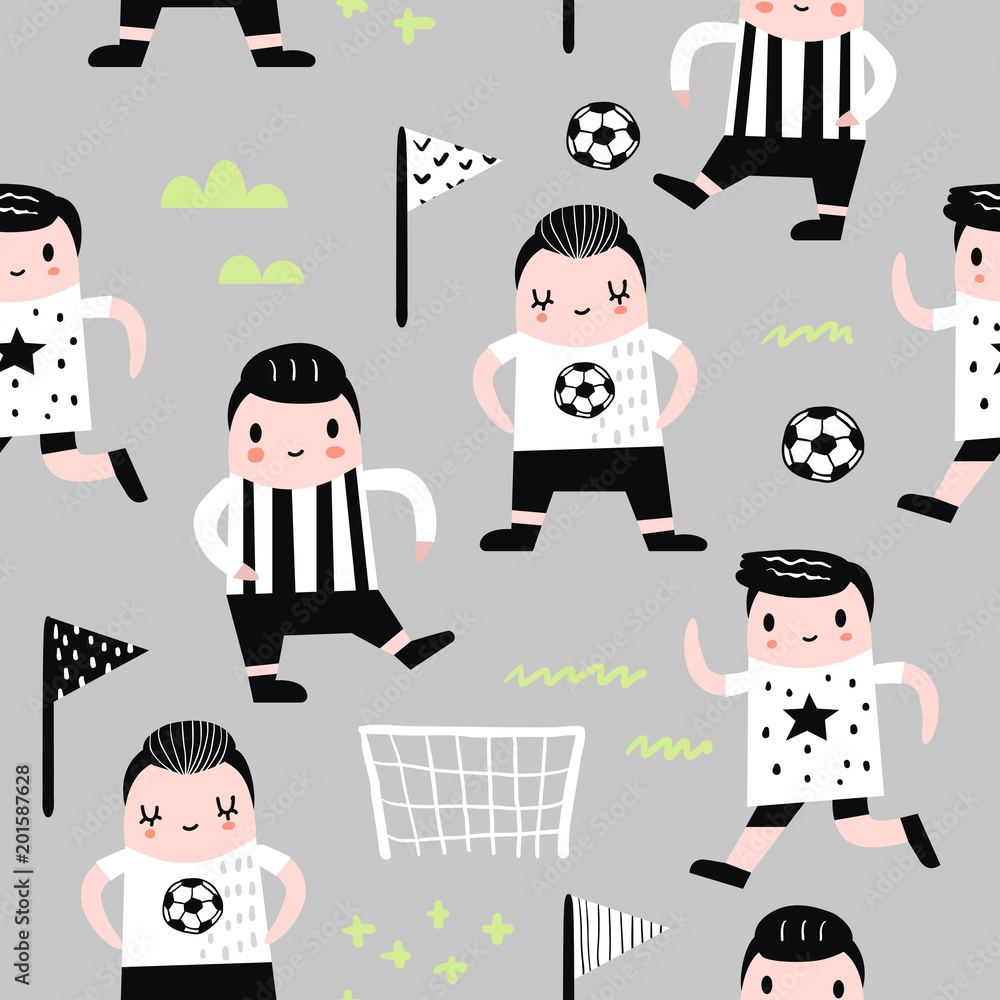 Childish Seamless Pattern with Boy Football Player. Children Background with Funny Soccer Boys for Fabric, Print, Wrapping, Wallpaper. Vector illustration Stock Vector | Adobe Stock Childish Seamless Pattern with Boy Football Player. Children Background with Funny Soccer Boys for Fabric, Print, Wrapping, Wallpaper. Vector illustration Stock Vector | Adobe Stock