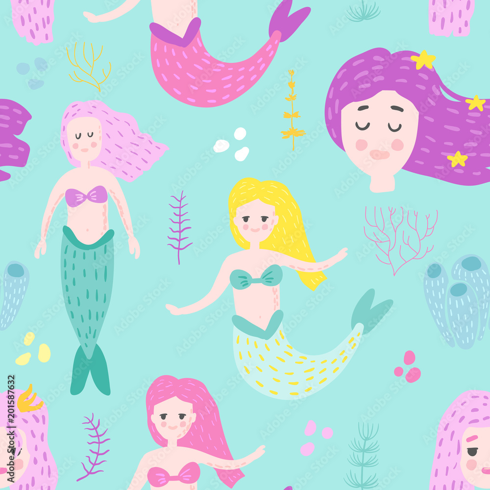 Mermaids Seamless Pattern in Childish Style. Kids Background with Cute ...