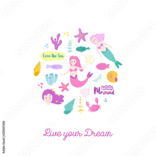 Childish Card with Cute Mermaids and Underwater Creatures. Little Girl Hand Drawn Marine Doodle for Greeting, Baby Shower, Print. Vector illustration © Sergii Pavlovskyi