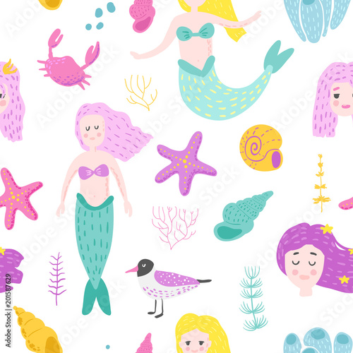 Mermaids Seamless Pattern in Childish Style