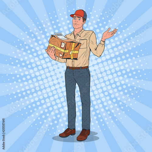 Pop Art Unprofessional Courier with Damaged Parcel. Delivery Man with Crashed Package. Express Shipping Service. Vector illustration