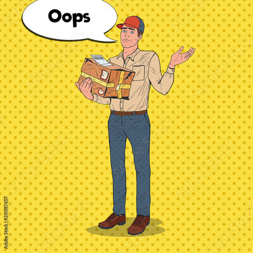 Pop Art Courier with Damaged Parcel. Delivery Man with Crashed Package. Express Shipping Service. Vector illustration