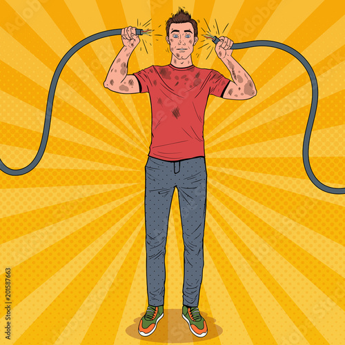 Obraz na plátně Pop Art Man Holding Broken Electrical Cable after Domestic Accident