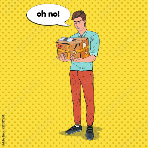 Pop Art Disappointed Man Holding Damaged Parcel. Unprofessional Delivery Service. Vector illustration