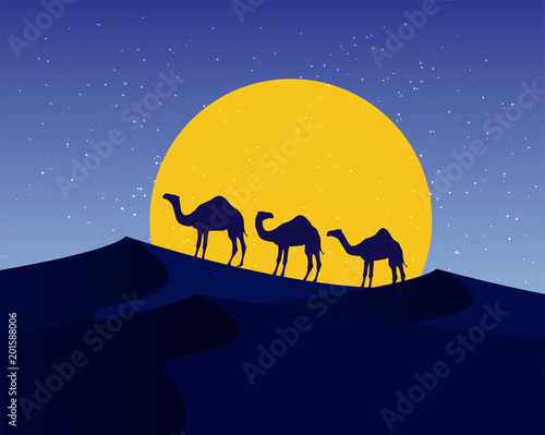 Camels in the desert night, moon, paper art