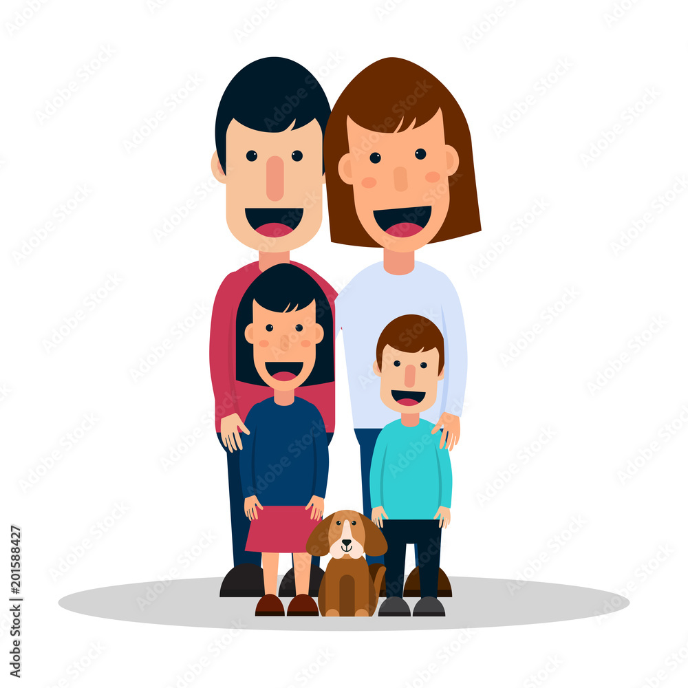 Obraz premium Vector illustration with happy family. Mom, dad, son, daughter and dog