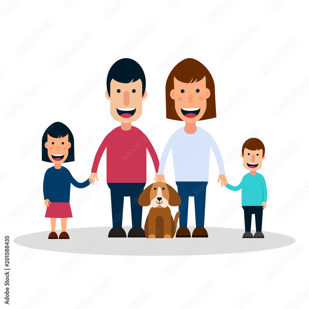 Vector illustration with happy family. Mom, dad, son, daughter and dog Vector illustration with happy family. Mom, dad, son, daughter and dog