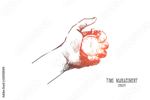 Time management concept. Hand drawn male hand with stopwatch. Watch in hand as symbol of deadline isolated vector illustration.