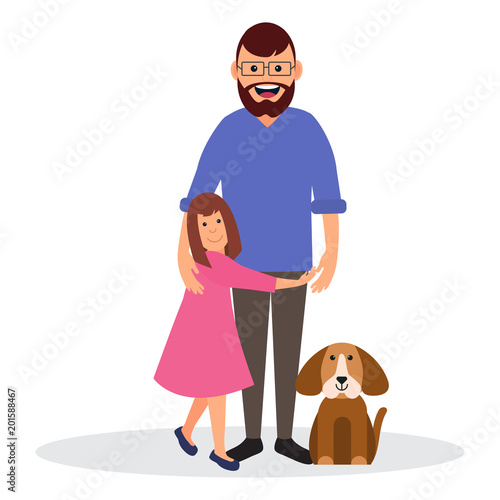 Father and daughter with dog. Flat illustration with family. Happy father's day