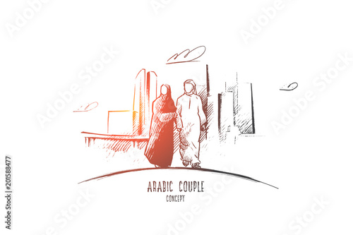 Arabic couple concept. Hand drawn arabic man and woman in modern city. Arabic couple in national dress holding hands isolated vector illustration.