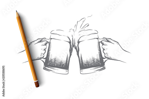 October fest concept. Hand drawn male hands with mugs of beer. Fresh beer with foam isolated vector illustration.