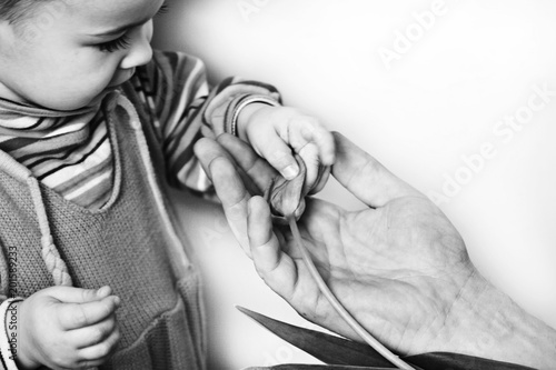 Black and white photo of father giving flower to small daughter on white background