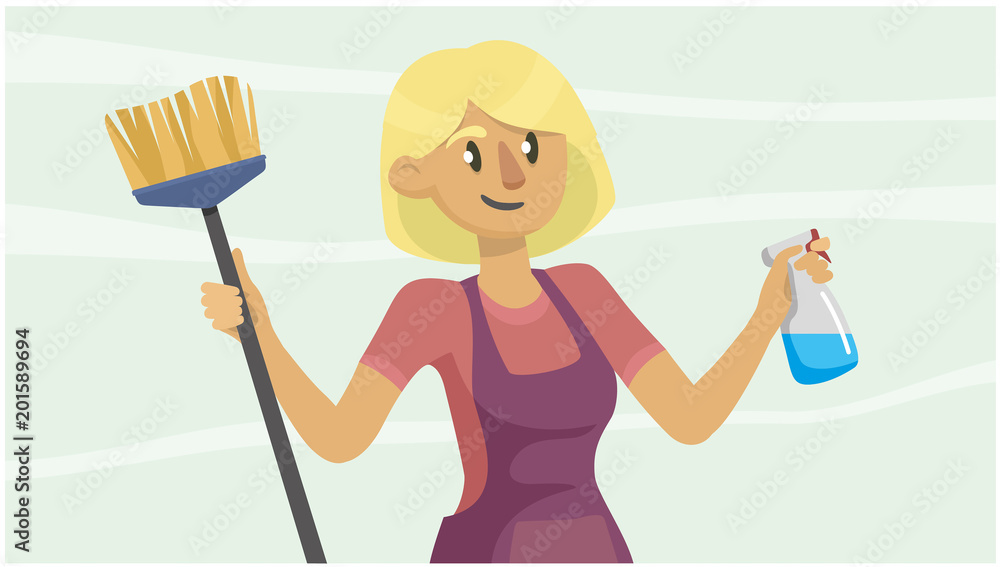 young woman in uniform cleans the house, holds a brush and detergent. portrait young woman in uniform cleans the house, holds a brush and detergent. portrait