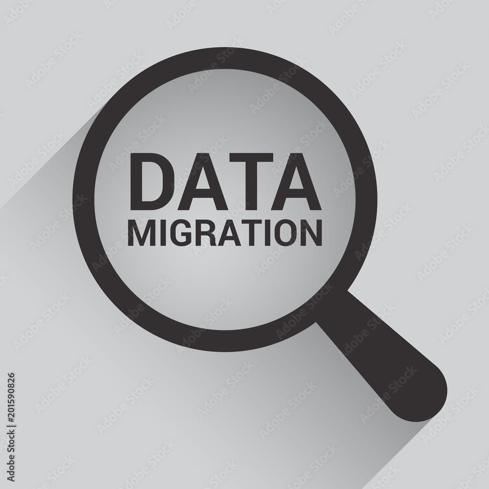 Data Concept: Magnifying Optical Glass With Words Data Migration Data Concept: Magnifying Optical Glass With Words Data Migration