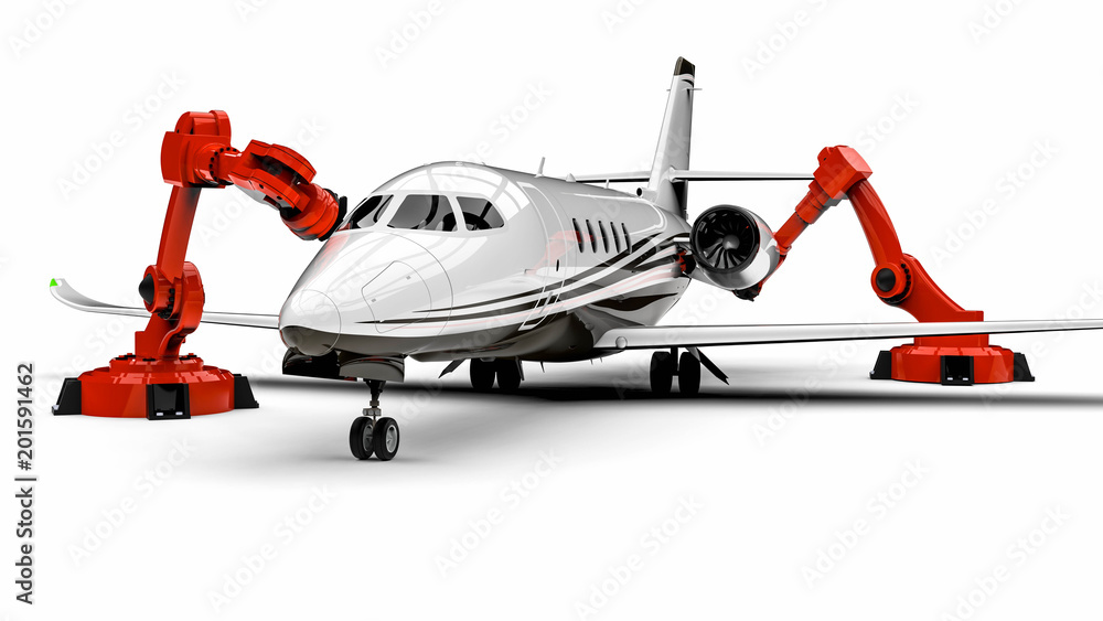 Automated Airplanes factory line / 3D render image representing an Automated Airplanes factory with robots Automated Airplanes factory line / 3D render image representing an Automated Airplanes factory with robots