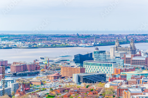 Aerial view of three graces and albert dock in Liverpool, EnglandAerial view of three graces and albert dock in Liverpool, England photo