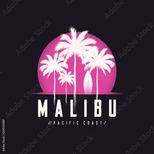 Malibu Pacific Coast tee print with palm trees, t shirt design, typography, poster.
