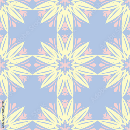 Floral blue seamless pattern. Colored background with beige and pink elements