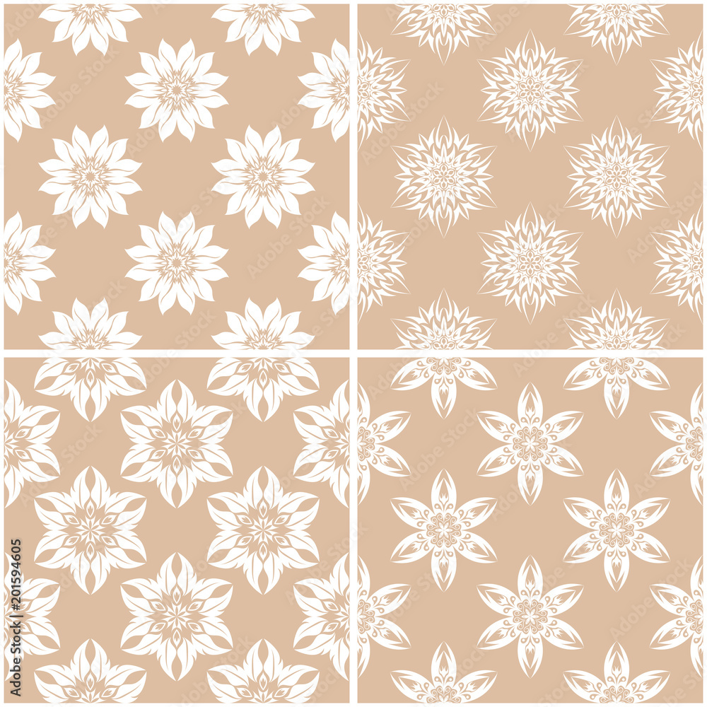Floral patterns. Set of beige and white seamless backgrounds