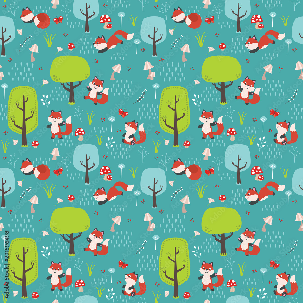 Seamless Forest Pattern with Foxes, Trees, Mushrooms, Flowers, Butterflies and Grass Flat Vector Illustration Seamless Forest Pattern with Foxes, Trees, Mushrooms, Flowers, Butterflies and Grass Flat Vector Illustration