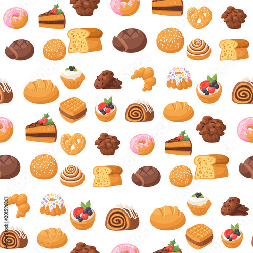 Cookie cakes tasty snack delicious chocolate homemade pastry biscuit sweet dessert bakery food seamless pattern background vector illustration