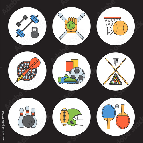Set of sport vector icons in flat design line pictogram fitness sportsmen symbol game trophy competition dumbbell activity illustration. Basketball, football, hockey, golf