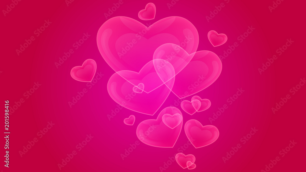 Abstract transparent hearts in a violet pink background