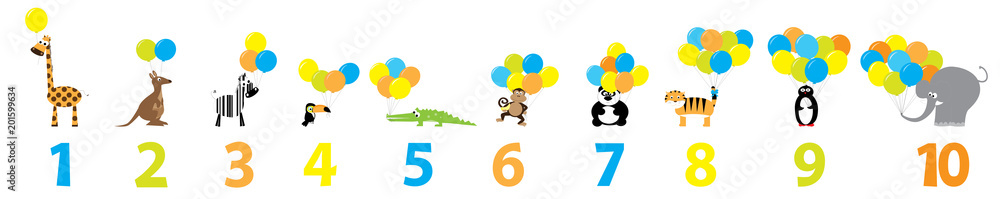 Educational poster for preschool with animals, balloons and numbers 1-10 / vector illustration for children