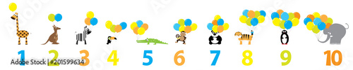 Obraz na płótnie Educational poster for preschool with animals, balloons and numbers 1-10 / vector illustration for children w salonie