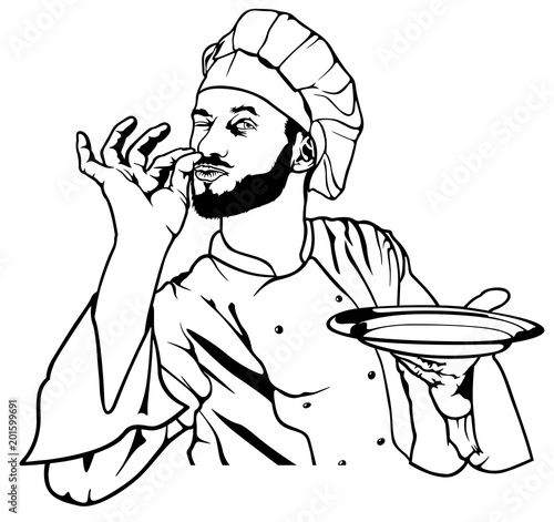 Chef Gesture Delicious and Holding a Plate - Black and White Sketch Illustration, Vector