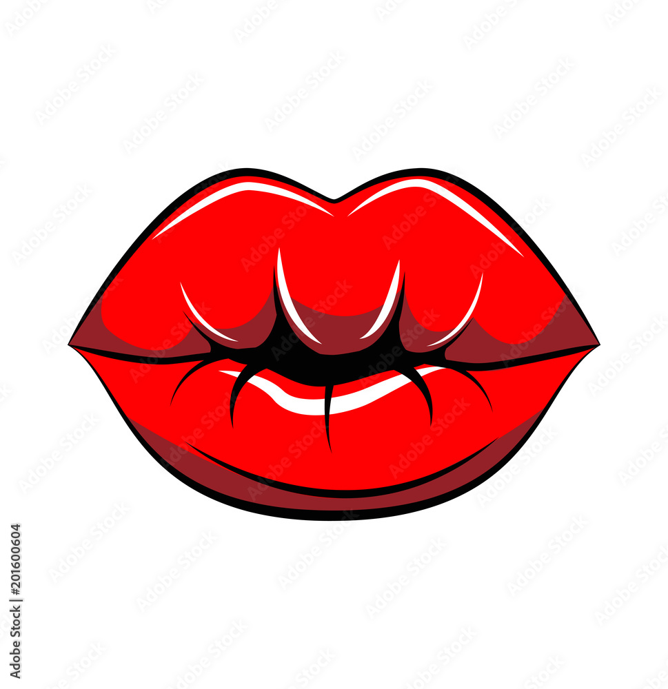 Pop art lips isolated. Warhol style poster. . Black line, white dot pattern, blue background, red color, raster effect. Fashion illustration. Hand drawn. Comics story. Banner for branding,