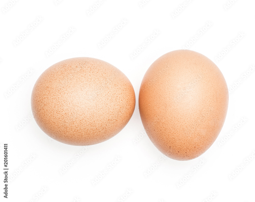 Brown chicken eggs top view isolated on white background two domestic. Brown chicken eggs top view isolated on white background two domestic.