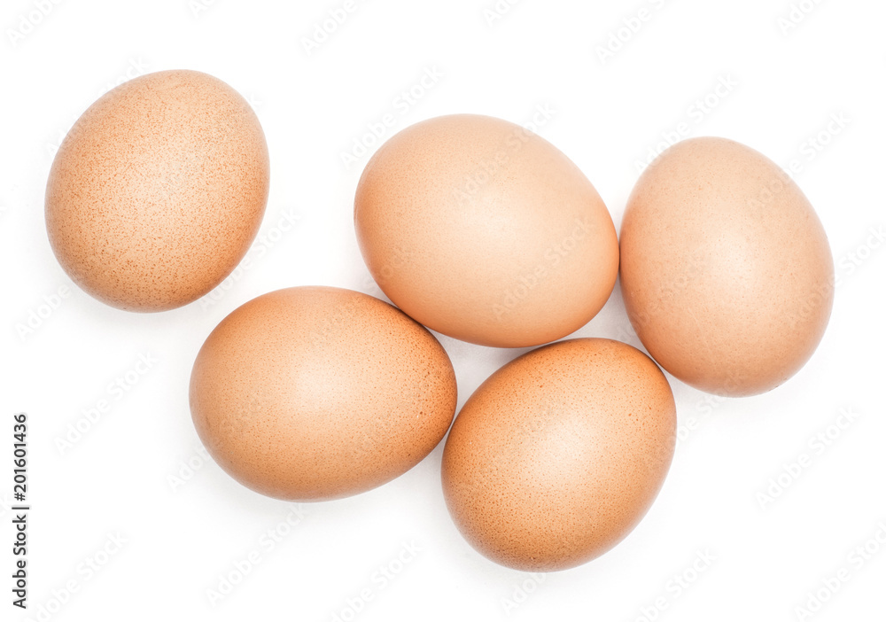 Brown chicken eggs top view isolated on white background five domestic. Brown chicken eggs top view isolated on white background five domestic.