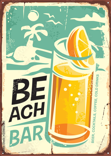 Summer beach bar retro sign design with glass of cold drink and sea landscape in background. Cafe bar poster, orange juice or tropical cocktail on old metal pattern.