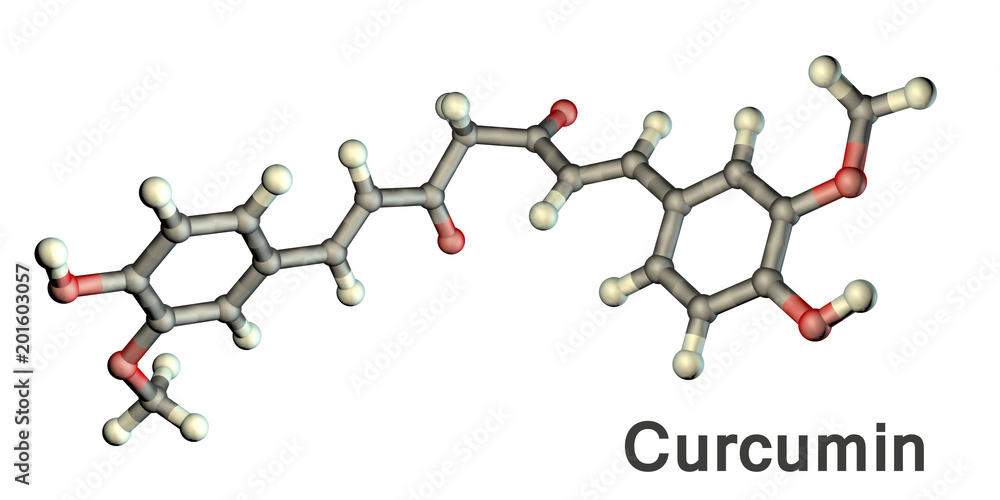 Curcumin molecule, a yellow-orange dye obtained from turmeric, 3D illustration. It has high antioxidant, anti-inflammatory, chemopreventive and anticancer activity Curcumin molecule, a yellow-orange dye obtained from turmeric, 3D illustration. It has high antioxidant, anti-inflammatory, chemopreventive and anticancer activity