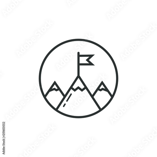 Black and white icon of mountains in the round frame