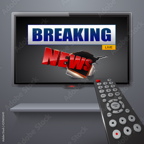 Breaking news on tv and remote control, vector illustration