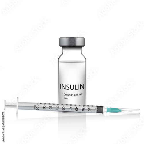 Insulin syringe with glass medical vial, isolated on white