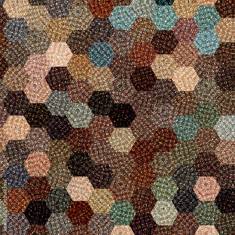 Colorful geometric background in pastel brown, blue and beige with knitted effect, abstract hexagonal pattern