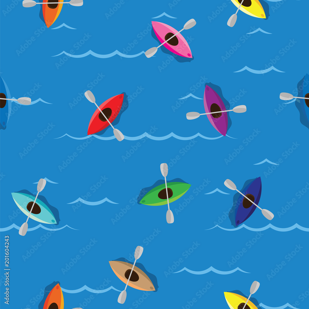 Multicolored kayaks with paddlers on blue water background. Seamless pattern colored kayaks and paddlers for water sport on river or sea. Multicolored kayaks with paddlers on blue water background. Seamless pattern colored kayaks and paddlers for water sport on river or sea.